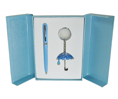 Gift set Umbrella ballpoint pen and key chain turquoise