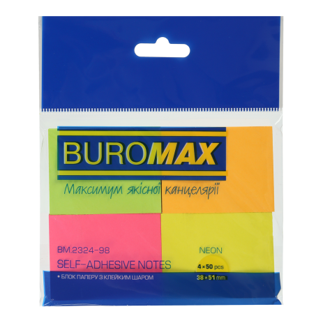 Блок для нотаток з клейким шаром Buromax Neon 38×51 мм, 4 блоки по 50 аркушів BM.2324-98