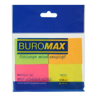 Блок для нотаток з клейким шаром Buromax Neon 38×51 мм, 4 блоки по 50 аркушів